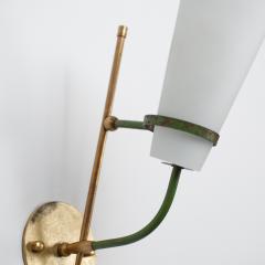 Pair of 1950s Italian Wall Sconces in Brass Green Metal and Opaline Glass - 4530540