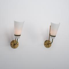 Pair of 1950s Italian Wall Sconces in Brass Green Metal and Opaline Glass - 4530541