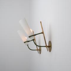 Pair of 1950s Italian Wall Sconces in Brass Green Metal and Opaline Glass - 4530542