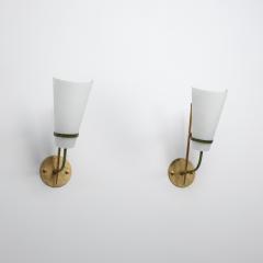 Pair of 1950s Italian Wall Sconces in Brass Green Metal and Opaline Glass - 4532074