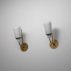 Pair of 1950s Italian Wall Sconces in Brass Green Steel and Opaline Glass - 4421444