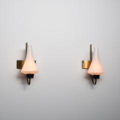 Pair of 1950s Italian Wall Sconces in Brass with Sculpted Opaline Glass Shades - 4386421