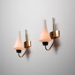 Pair of 1950s Italian Wall Sconces in Brass with Sculpted Opaline Glass Shades - 4386422
