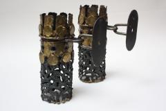 Pair of 1960s Brutalist Torch Cut Steel and Brass Wall Sconces - 877636