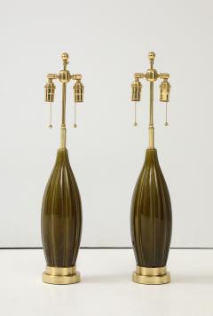 Pair of 1960s Ceramic Lamps with a Moss Green Glaze  - 3867736