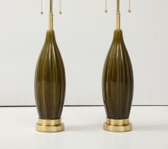 Pair of 1960s Ceramic Lamps with a Moss Green Glaze  - 3867737