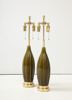 Pair of 1960s Ceramic Lamps with a Moss Green Glaze  - 3867738