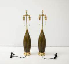 Pair of 1960s Ceramic Lamps with a Moss Green Glaze  - 3867742