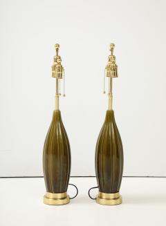 Pair of 1960s Ceramic Lamps with a Moss Green Glaze  - 3867744