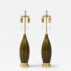 Pair of 1960s Ceramic Lamps with a Moss Green Glaze  - 3869442