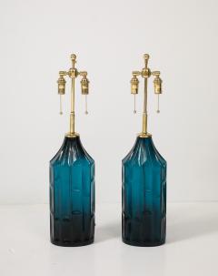 Pair of 1960s Geometric Design Swedish Blue Glass Lamps - 4436824