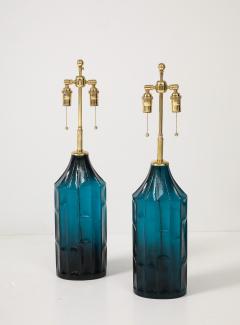 Pair of 1960s Geometric Design Swedish Blue Glass Lamps - 4436826