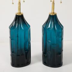 Pair of 1960s Geometric Design Swedish Blue Glass Lamps - 4436828