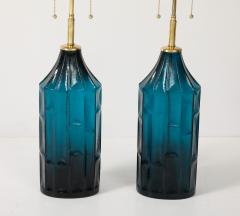 Pair of 1960s Geometric Design Swedish Blue Glass Lamps - 4436831