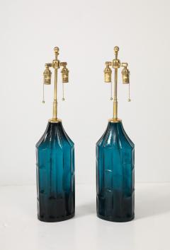 Pair of 1960s Geometric Design Swedish Blue Glass Lamps - 4436833