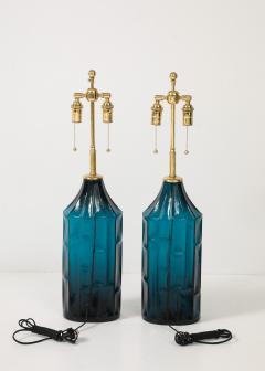 Pair of 1960s Geometric Design Swedish Blue Glass Lamps - 4436835