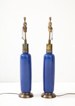 Pair of 1960s Tall Italian Ceramic Lamps with a beautiful Mottled Blue Glaze  - 4235713