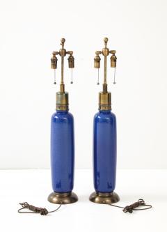 Pair of 1960s Tall Italian Ceramic Lamps with a beautiful Mottled Blue Glaze  - 4235716