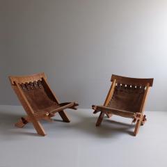 Pair of 1970s Suede and Carved Wood Campaign Chairs France - 4056898