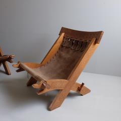 Pair of 1970s Suede and Carved Wood Campaign Chairs France - 4056900