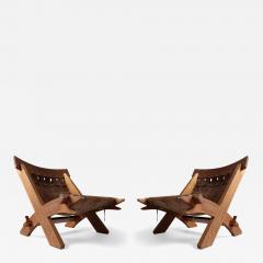 Pair of 1970s Suede and Carved Wood Campaign Chairs France - 4064233