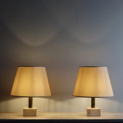 Pair of 1970s travertine and brass table lamps orginal shades - 4116361