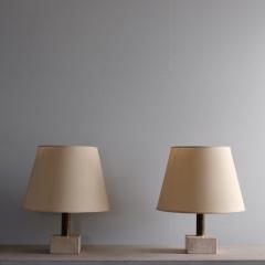 Pair of 1970s travertine and brass table lamps orginal shades - 4116362