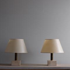 Pair of 1970s travertine and brass table lamps with original shades - 4116364