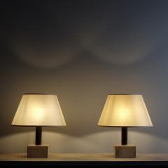Pair of 1970s travertine and brass table lamps with original shades - 4116365