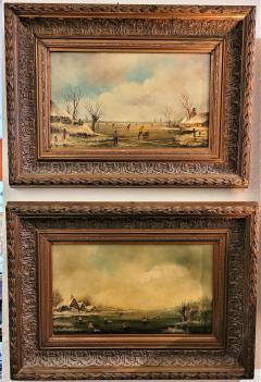 Pair of 19C Dutch Oil on Board of Winter Scenes by B Dam - 2238406