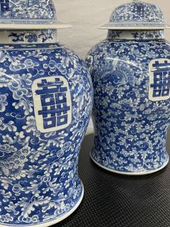 Pair of 19th Century Blue and White Lidded Temple Jars Urns - 2924345