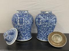 Pair of 19th Century Blue and White Lidded Temple Jars Urns - 2924346