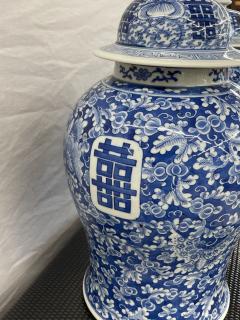 Pair of 19th Century Blue and White Lidded Temple Jars Urns - 2924347