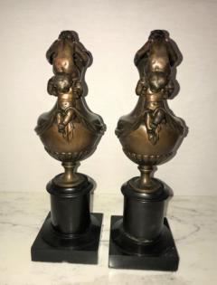 Pair of 19th Century Urns on Marble Stands Bearing Cherubs and Rams Heads - 2944649