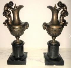 Pair of 19th Century Urns on Marble Stands Bearing Cherubs and Rams Heads - 2944657