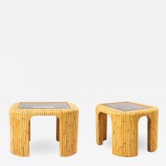 Pair of 2 Contemporary Rattan and Smoked Glass End Tables - 1383938