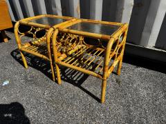 Pair of 2 Tier Tiki Boho Chic Waterfall Front Bamboo End Tables - 4516497