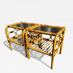 Pair of 2 Tier Tiki Boho Chic Waterfall Front Bamboo End Tables - 4521907