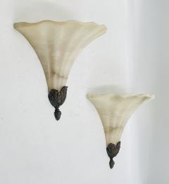 Pair of Alabaster Bronze Post Modern Wall Sconces - 4129058