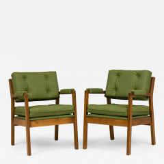 Pair of American Mid Century Green Upholstered Armchairs - 4219538