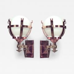 Pair of American Mission Bronze Copper and White Glass Wall Sconces - 4700597