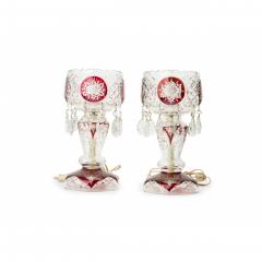 Pair of American Victorian Style Red and Clear Cut Crystal and Glass Table Lamps - 4729237