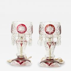 Pair of American Victorian Style Red and Clear Cut Crystal and Glass Table Lamps - 4729244