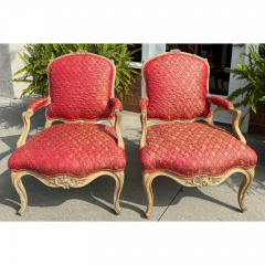 Pair of Antique 19c French Fauteuil Arm Chair W Red Quiltina Fabric - 3493236