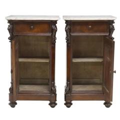 Pair of Antique 19c Italian Marble Top Walnut Nightstand Bedside Cabinets - 3406348