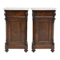 Pair of Antique 19c Italian Marble Top Walnut Nightstand Bedside Cabinets - 3406354