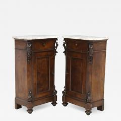 Pair of Antique 19c Italian Marble Top Walnut Nightstand Bedside Cabinets - 3407462