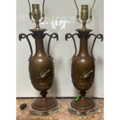 Pair of Antique Art Nouveau Bronze Lamps on Lucite Bases - 4014044