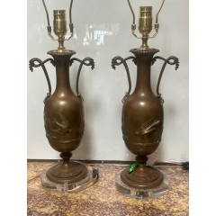 Pair of Antique Art Nouveau Bronze Lamps on Lucite Bases - 4014048