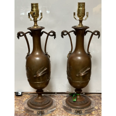 Pair of Antique Art Nouveau Bronze Lamps on Lucite Bases - 4014050